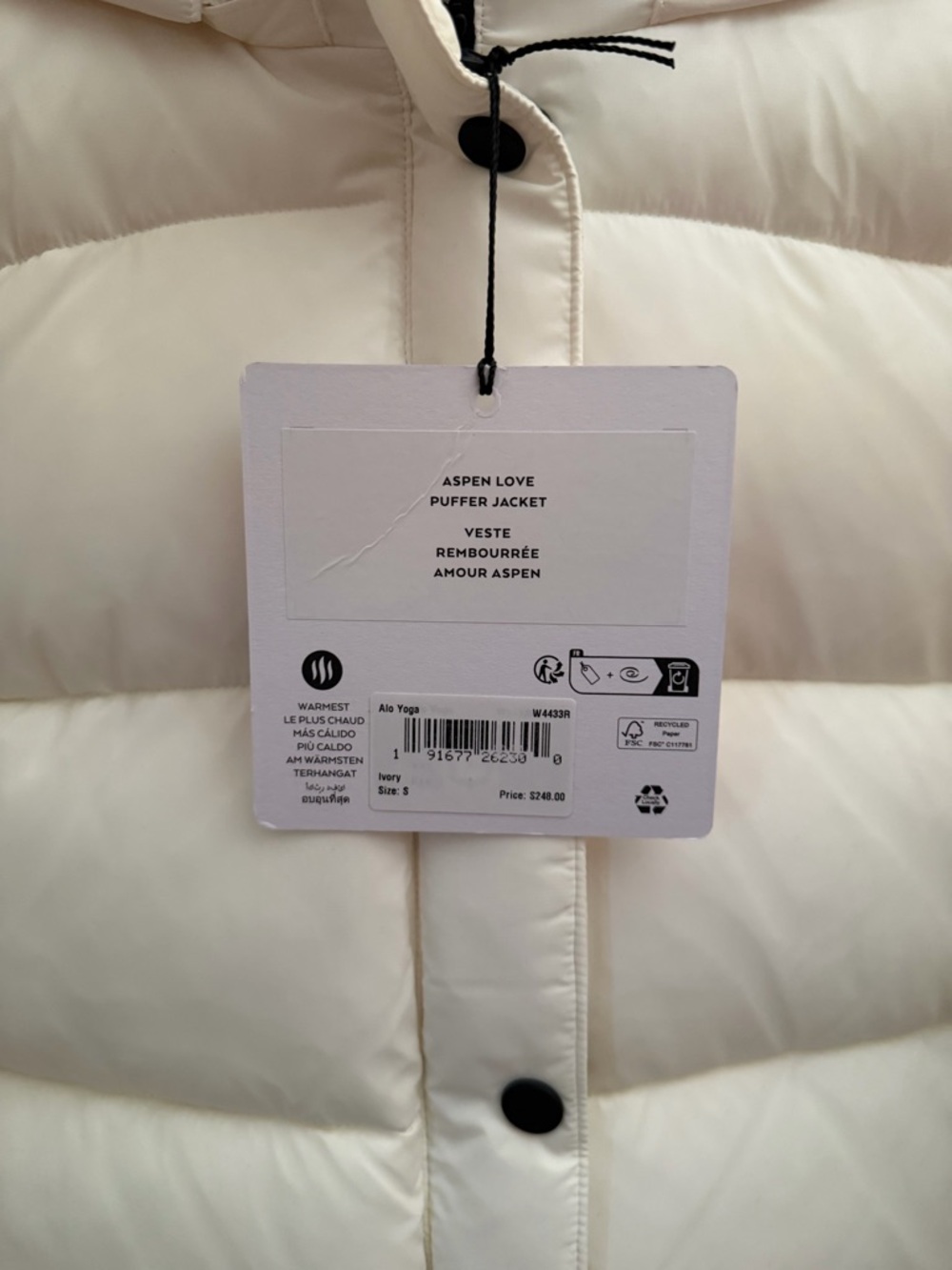 Authentic ALO Yoga Ivory Quilted Puffer Jacket with Black Trim